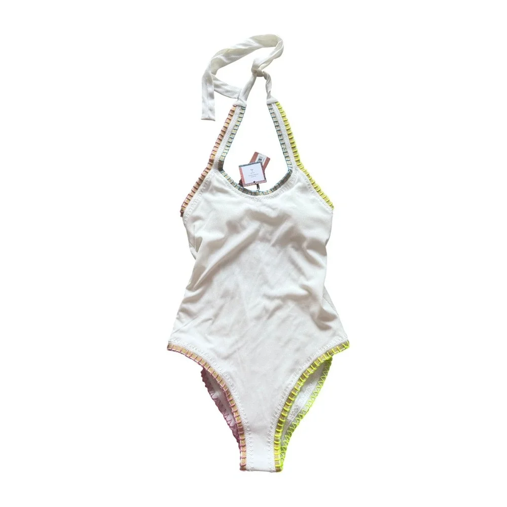 Solange Ferrarini x PQ Swim White Ribbed‎ Whipstitch One Piece Swimsuit M NEW